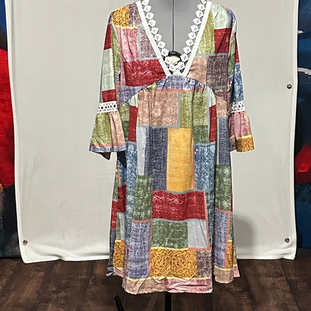 Source Unknown Multicolor Patchwork Midi Dress - image 1